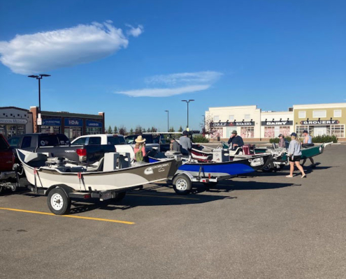 drift boats prepped for fishing trip near calgary alberta