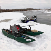 winter fishing float bow river drift boat recovery using pontoon.