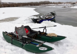 winter fishing float bow river drift boat recovery using pontoon.